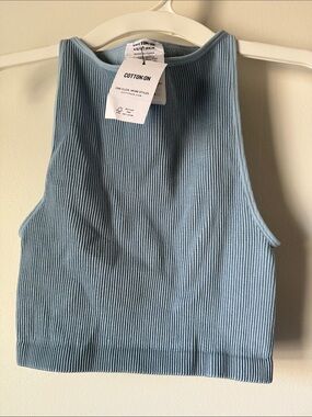 Cotton On Ribbed High Neck Crop Tank - Light Blue